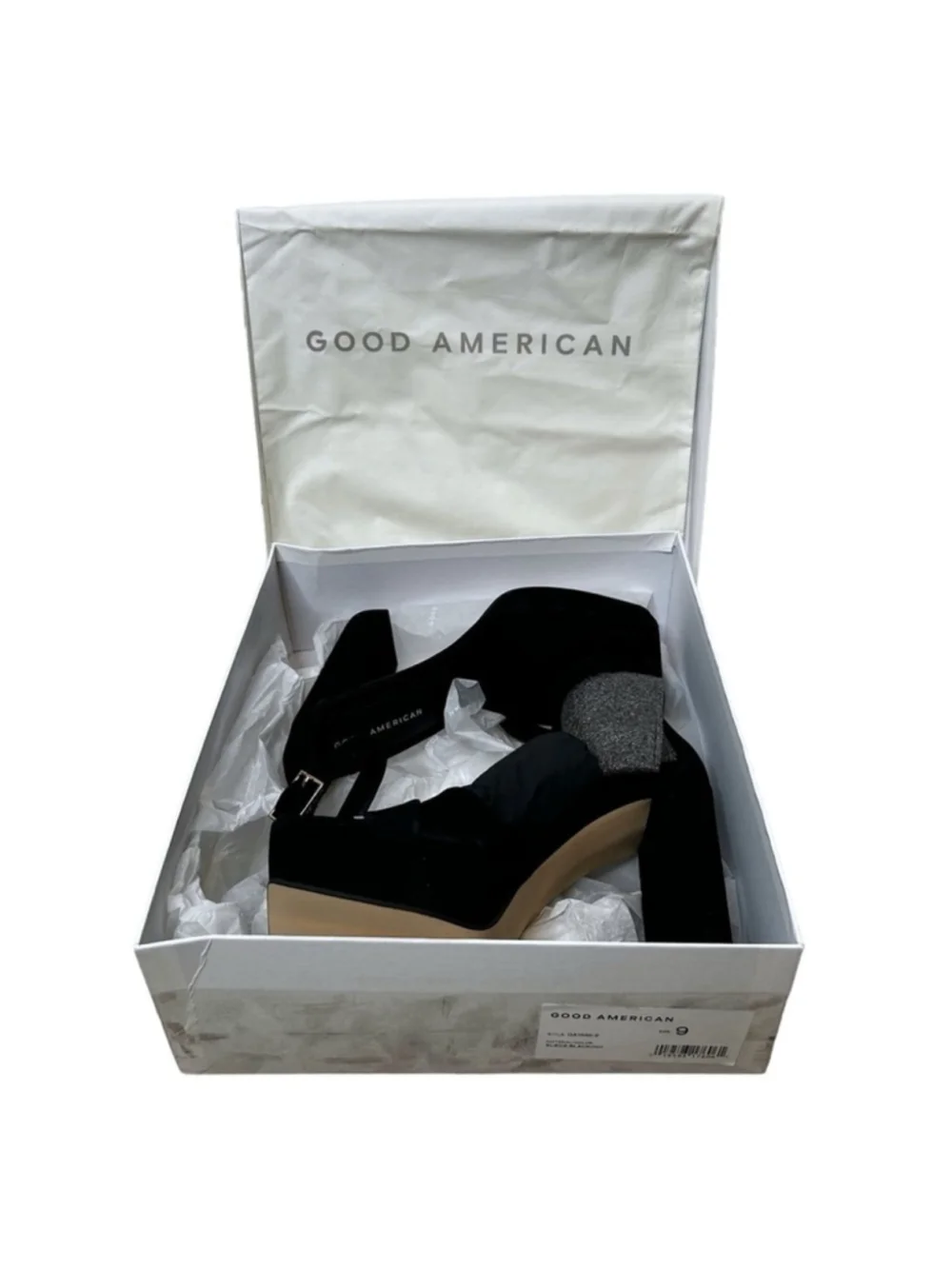 Good American Black Suede Ankle Strap Chunky Platform Sandal Heels Size 9